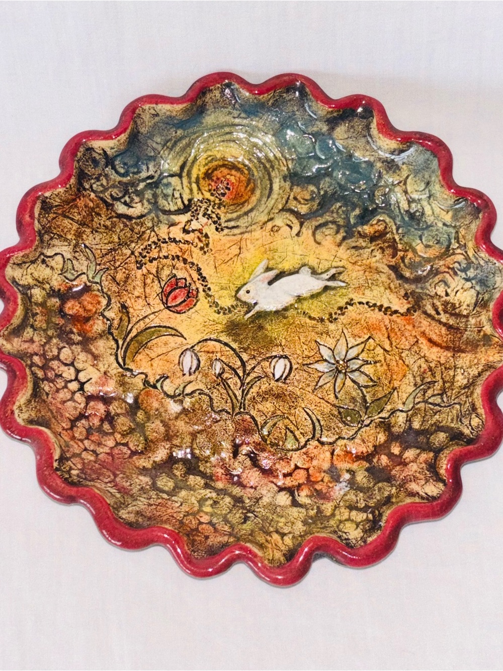 Art Pottery Bunny Rabbit Dish BC Ceramic Artist Liz de Beer Clayworks Signed